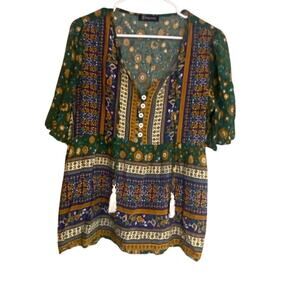 Kaywide Boho Peasant Top L Green Floral Ethnic Print Tassel Tie Festival Blouse
